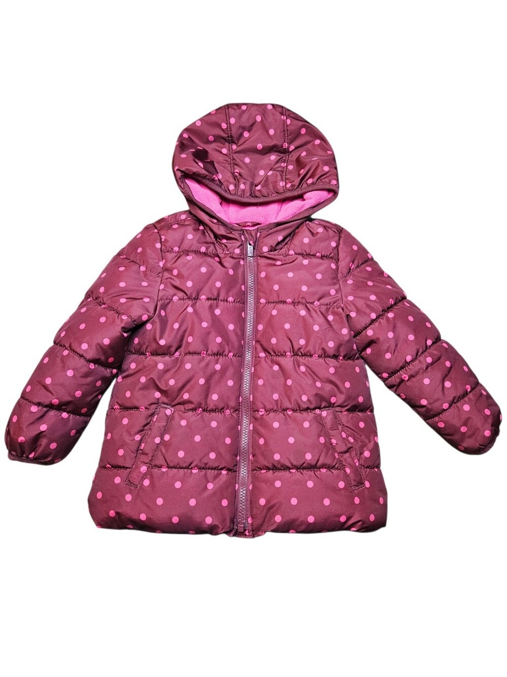 Old Navy Girls 4T Burgundy Pink Polka Dot Hooded Puffer Jacket
